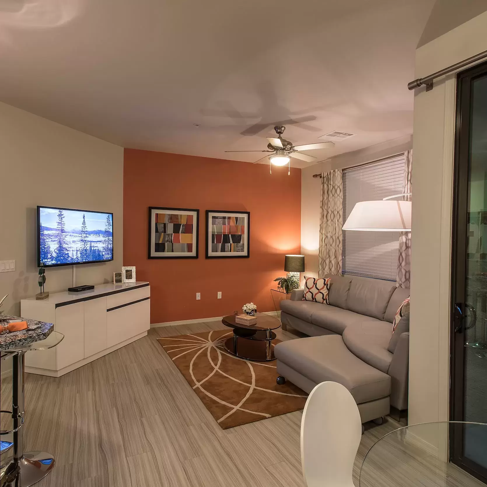 The comfortable living room in a model apartment at Liv Northgate.