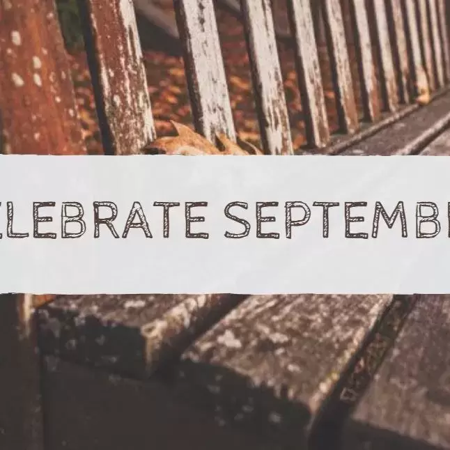 text Celebrate September superimposed over a porch with fall leaves on it