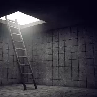 A ladder leaning against a wall in a dark, empty basement room with tiled walls and floor. The only light is what's coming through the opening the ladder is in. 