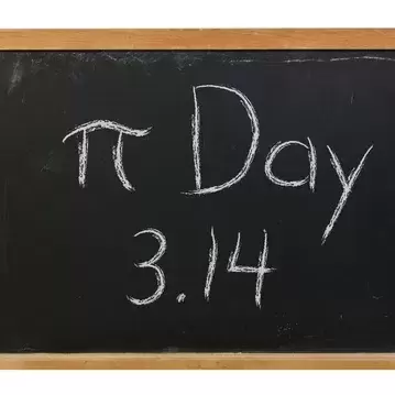 A framed chalkboard with the pi symbol followed by Day 3.14 written on it. 