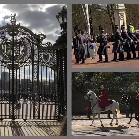 Images from the Changing of the Guard at Buckingham Palace, England including the gates of the palace, the band, and guards on horses. 