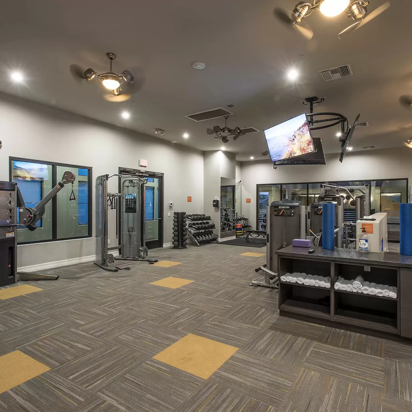 The fitness center, with lots of exercise equipment and weights available for residents to enjoy.