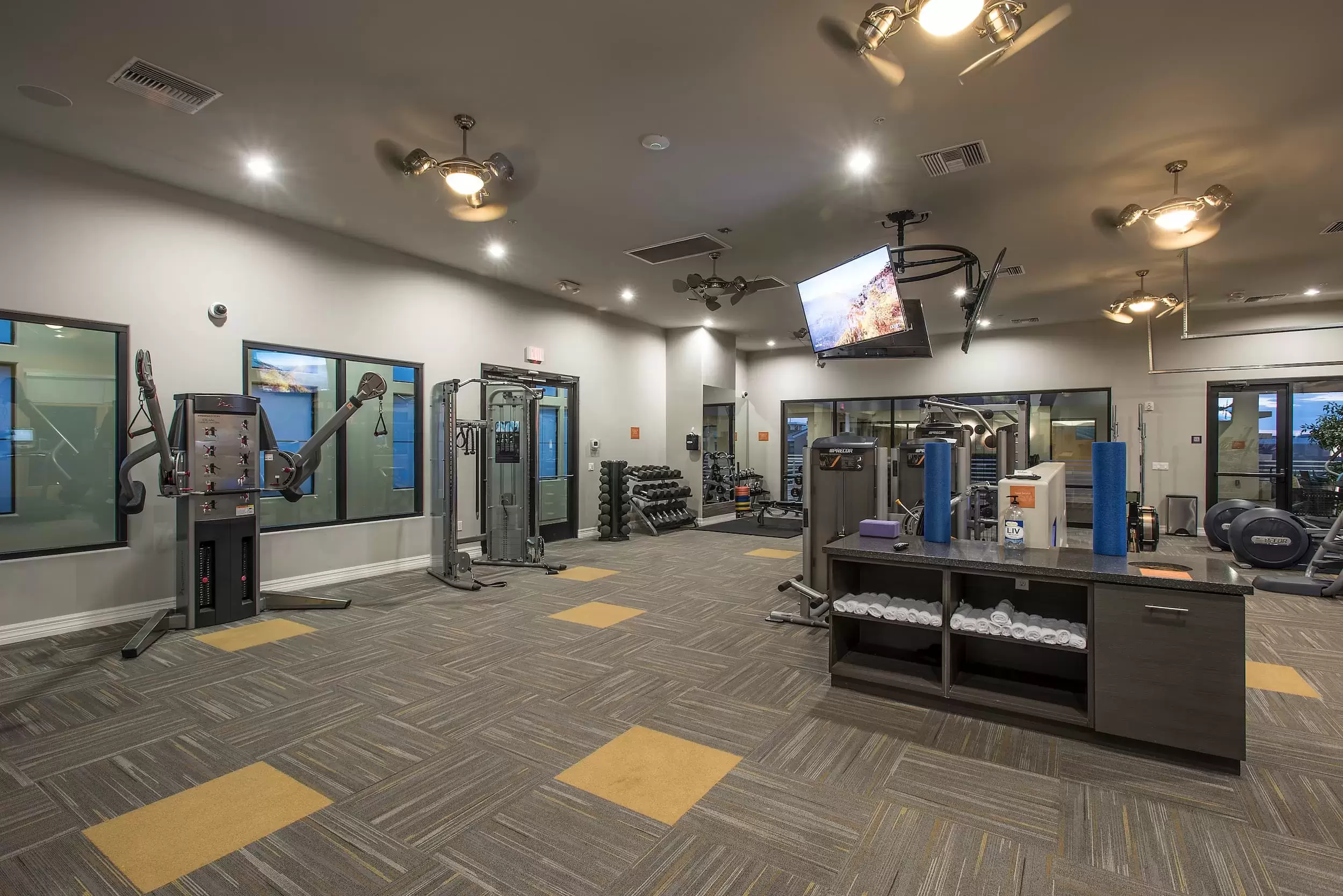 The fitness center, with lots of exercise equipment and weights available for residents to enjoy.